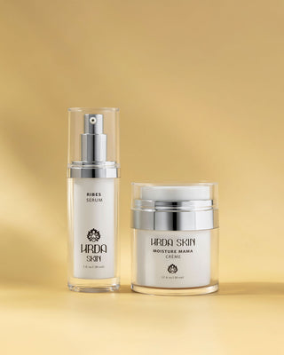 Ribes Bundle, a serum and a cream, from the brand 'Hrda Skin' on a gold background.
