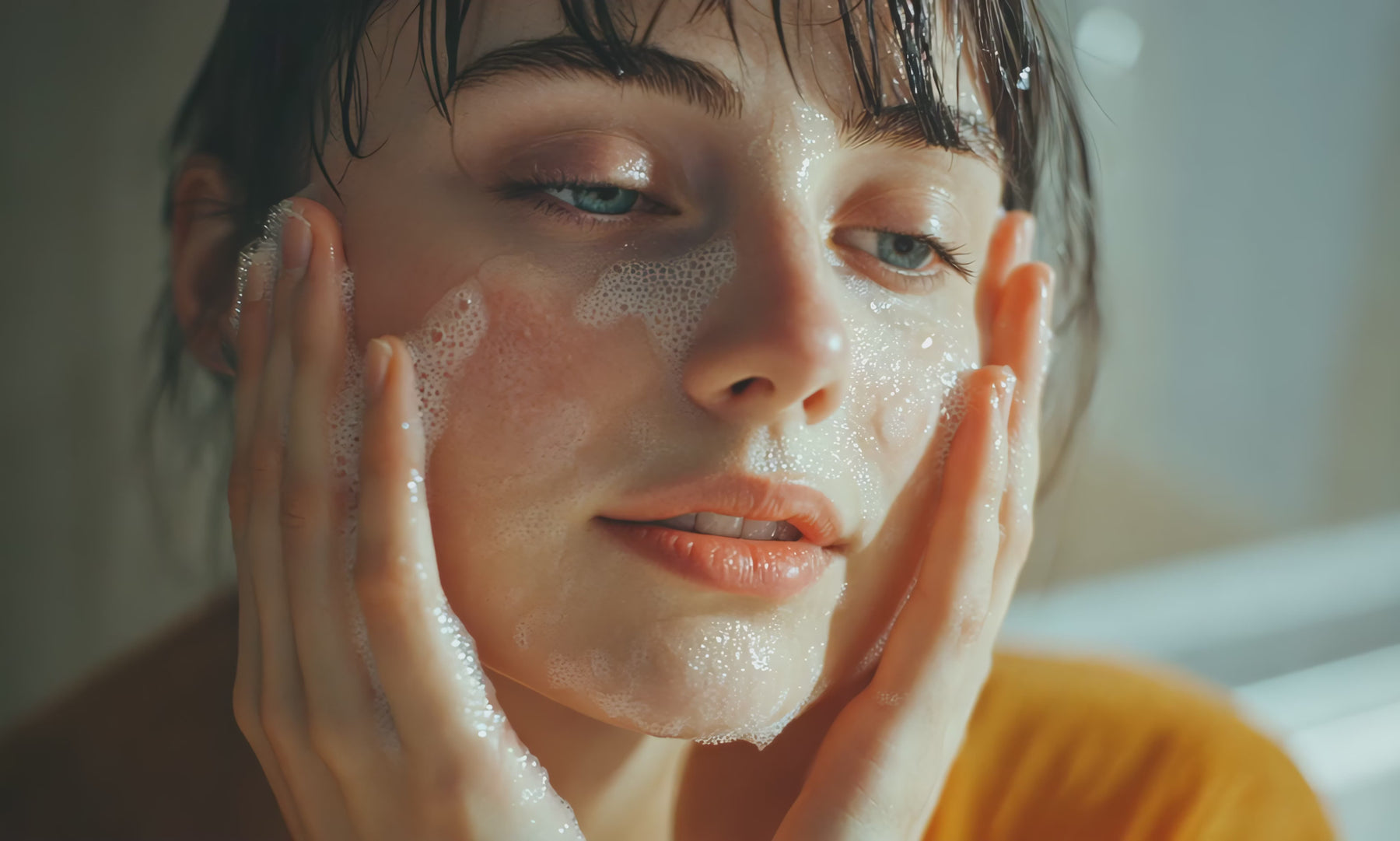 Woman washing her face.